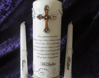 Personalized Wedding Unity Candle Set: Wooden Cross, Custom Last Name