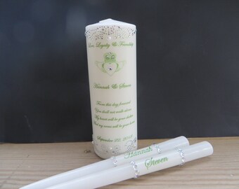 Three Piece Personalized Unity Candle set with Irish claddagh and Kelly Green font - Irish unity set, Irish claddagh, wedding, Irish unity