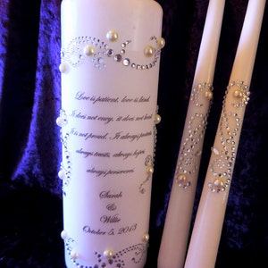 TOP SELLER Three Piece Personalized Unity Candle set made with a swirl design of rhinestones and pearls image 2