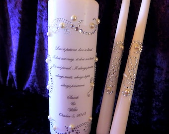 TOP SELLER - Three Piece Personalized Unity Candle set made with a swirl design of rhinestones and pearls