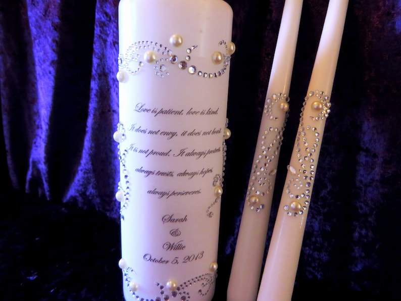 TOP SELLER Three Piece Personalized Unity Candle set made with a swirl design of rhinestones and pearls image 1