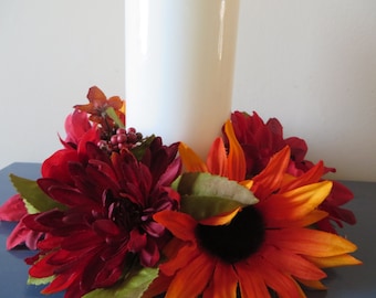 Fall Foliage Candle Ring: Red, Orange, and Gold Floral Decor (3" Opening)