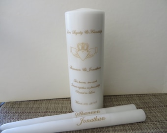Three Piece Personalized Unity Candle set with Irish claddagh in GOLD font - personalized tapers