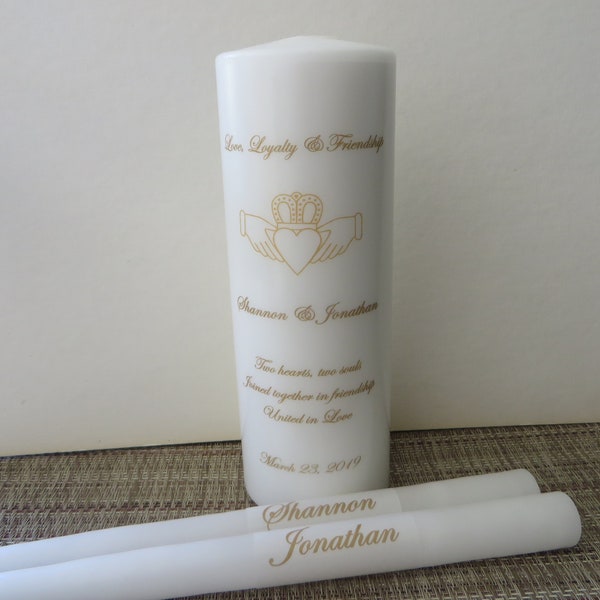 Three Piece Personalized Unity Candle set with Irish claddagh in GOLD font - personalized tapers