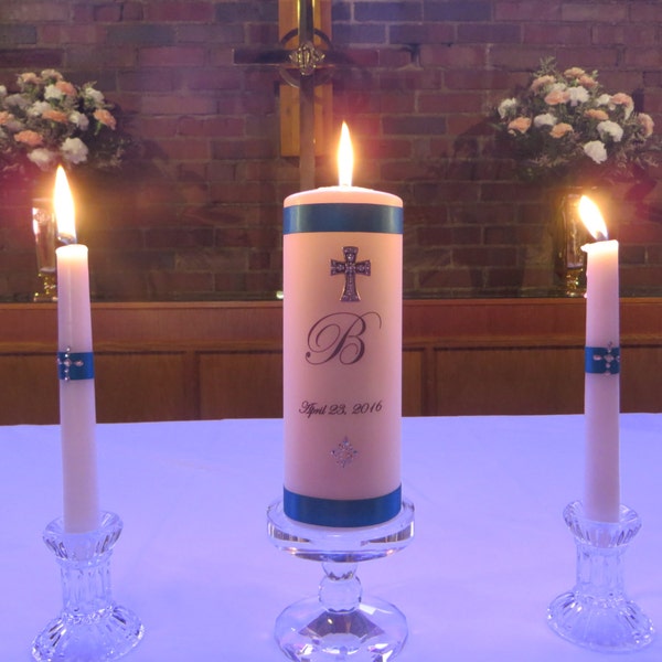 Three Piece Monogrammed Unity Candle set with lovely silver and crystal cross and teal ribbon