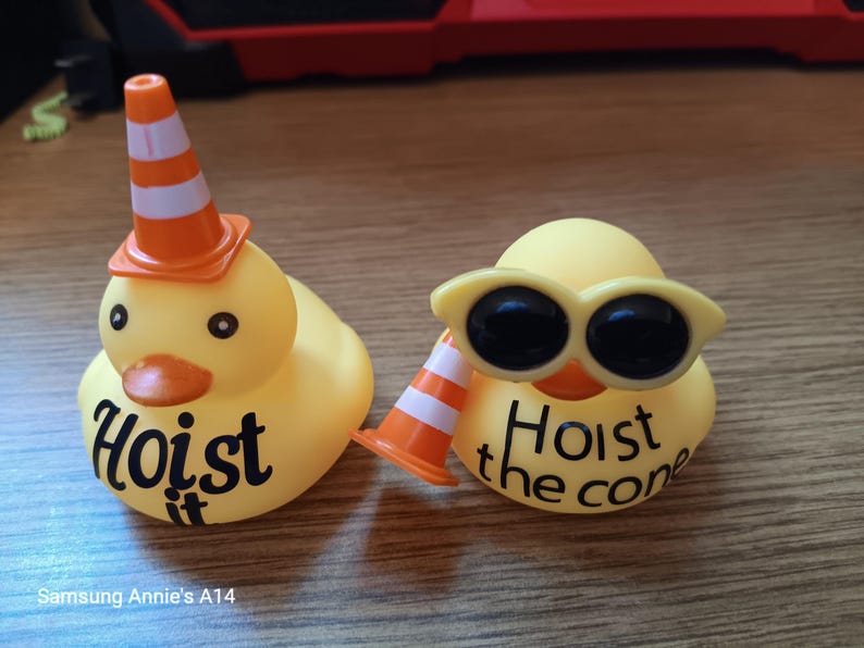 Op de afbeelding: Twee gele rubberen eendjes. E&eacute;n eend draagt een oranje en witte verkeerskegelhoed en heeft de tekst "Hoist it" op zijn lichaam. De andere eend draagt een gele zonnebril en heeft de tekst "Hoist the cone" op zijn lichaam.