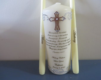 Three Piece Unity Candle set with wooden cross and couple's new last name  - your wedding verse