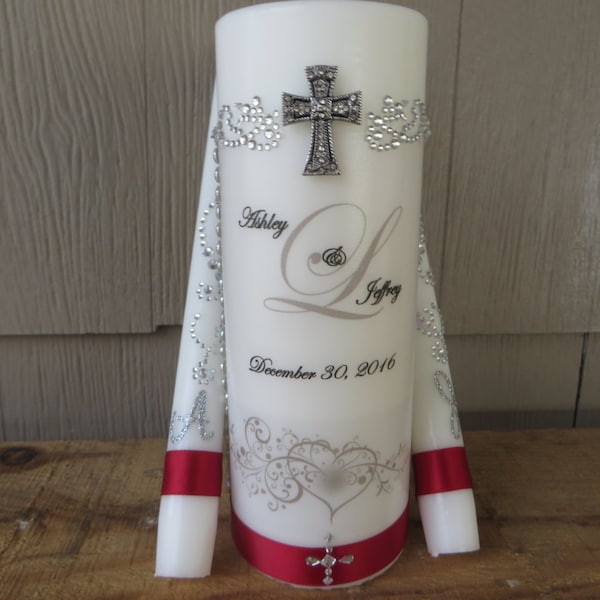 Two-Sided Three Piece Personalized Unity Candle set with Love is Patient verse on back - Celtic cross - personalized tapers