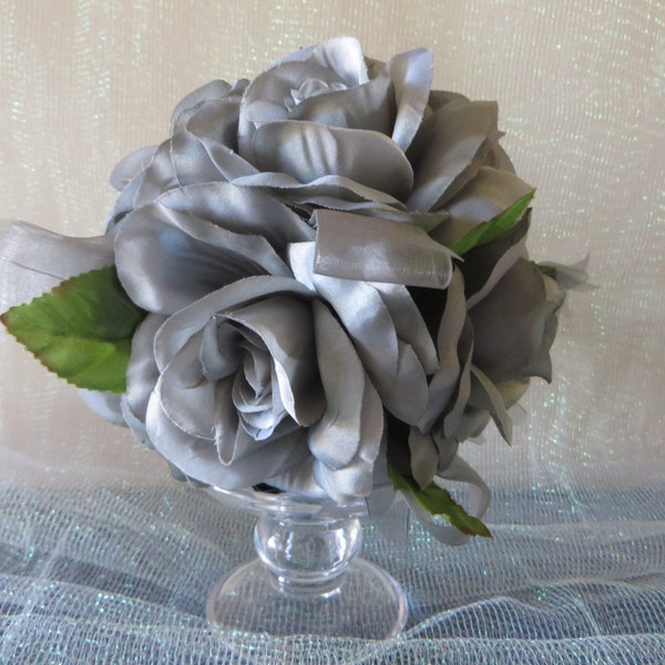 Silver Rose Kissing Ball - wedding decoration, floral pomander, centerpieces, bouquets, 25th anniversary