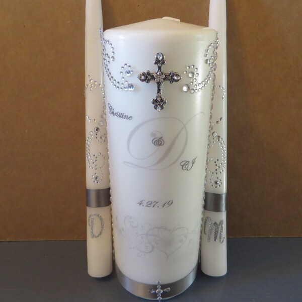 Two-Sided Three Piece Personalized Unity Candle set with Love is Patient verse on back - Celtic cross - personalized tapers