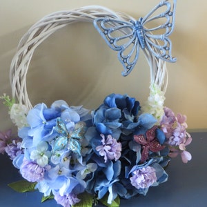 White Grapevine Wreath: Blue Hydrangeas, Lilac Flowers, Butterfly Decor
