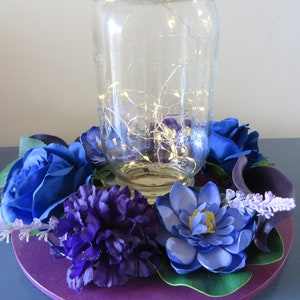 Blue & Purple Flower Centerpiece: LED Mason Jar Table Decor