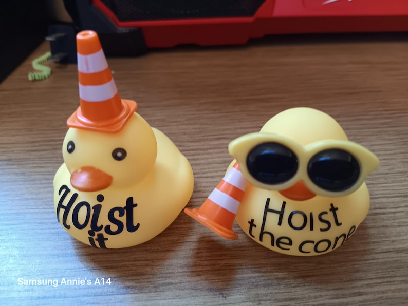 Op de afbeelding: Twee gele rubberen badeenden, &eacute;&eacute;n met een oranje en witte verkeerskegelhoed, de andere met een zonnebril en een verkeerskegel. De eerste eend heeft de tekst "Hoist it" en de tweede eend heeft de tekst "Hoist the cone".