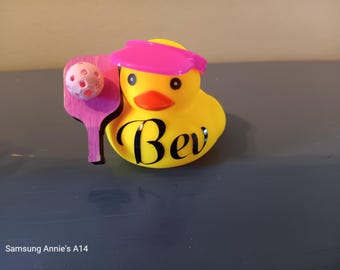 3 1/2" Personalized Pickleball Rubber Ducky with Paddle, ball, Visor, sunglasses, Western hat, or no headgear