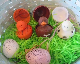 Sports Rubber Ducky in Plastic Easter Egg: Basketball, Football, Soccer