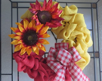 Red and Yellow Burlap Wreath - 16" burlap wreath - home decoration, extra large sunflowers and a cute gingham bow are perfect accents