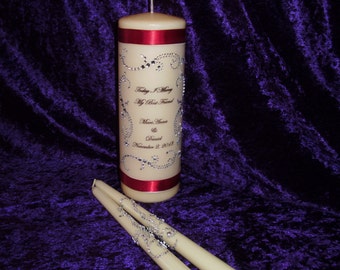 Three Piece Personalized Unity Candle set made with a swirl design of rhinestones with deep red ribbon