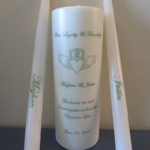 Three Piece Personalized Unity Candle set with Irish claddagh in green font - personalized tapers