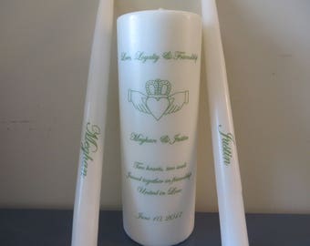 Three Piece Personalized Unity Candle set with Irish claddagh in green font - personalized tapers