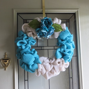Turquoise Burlap Wreath: Ivory Roses, Front Door Decor (20&quot;)