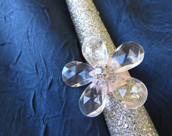 One 10" Silver Glitter Candle with crystal flower and pink satin ribbon - perfect touch for any special occasion