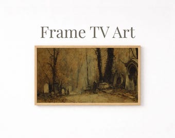 陰鬱な墓地のテレビディスプレイ、ゴシック調の森の絵画、幽霊が出る墓地のアートワーク、ダークアカデミア風のホームデコレーション