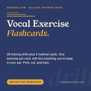 Op de afbeelding: Een donkerblauw digitaal trainingsdeck getiteld Singers Gym 28-Card Training Deck Vocal Exercise Flashcards. De tekst vermeldt 26 trainingsoefeningen plus 2 methodekaarten, één oefening per kaart met coaching-aanwijzingen en een PDF-downloadoptie.