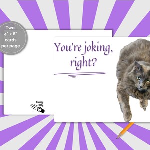 May include: A greeting card featuring a grey cat and the words "You're joking, right?" on a white background. The card measures 10 cm x 15 cm and has a purple and white striped background. A pencil is placed near the card.