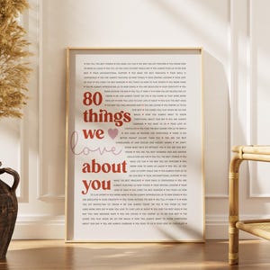 May include: A framed print with a gold border features the text "80 things we love about you" in a mix of red and pink fonts. The background is filled with a list of phrases in a smaller, black font. A decorative piece for home decor.