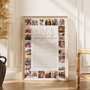 May include: A framed print with a gold border, featuring a collage of photos and the text "thirty reasons we love you." The print includes a list of reasons and is a sentimental gift.