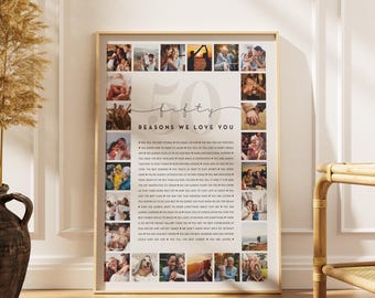 Op de afbeelding: Een ingelijste print met een goudkleurige lijst. De print toont het woord "fifty" in een scriptletter, met de woorden "Reasons We Love You" eronder. Meerdere kleine foto's omringen de tekst. De print wordt op een witte muur weergegeven.