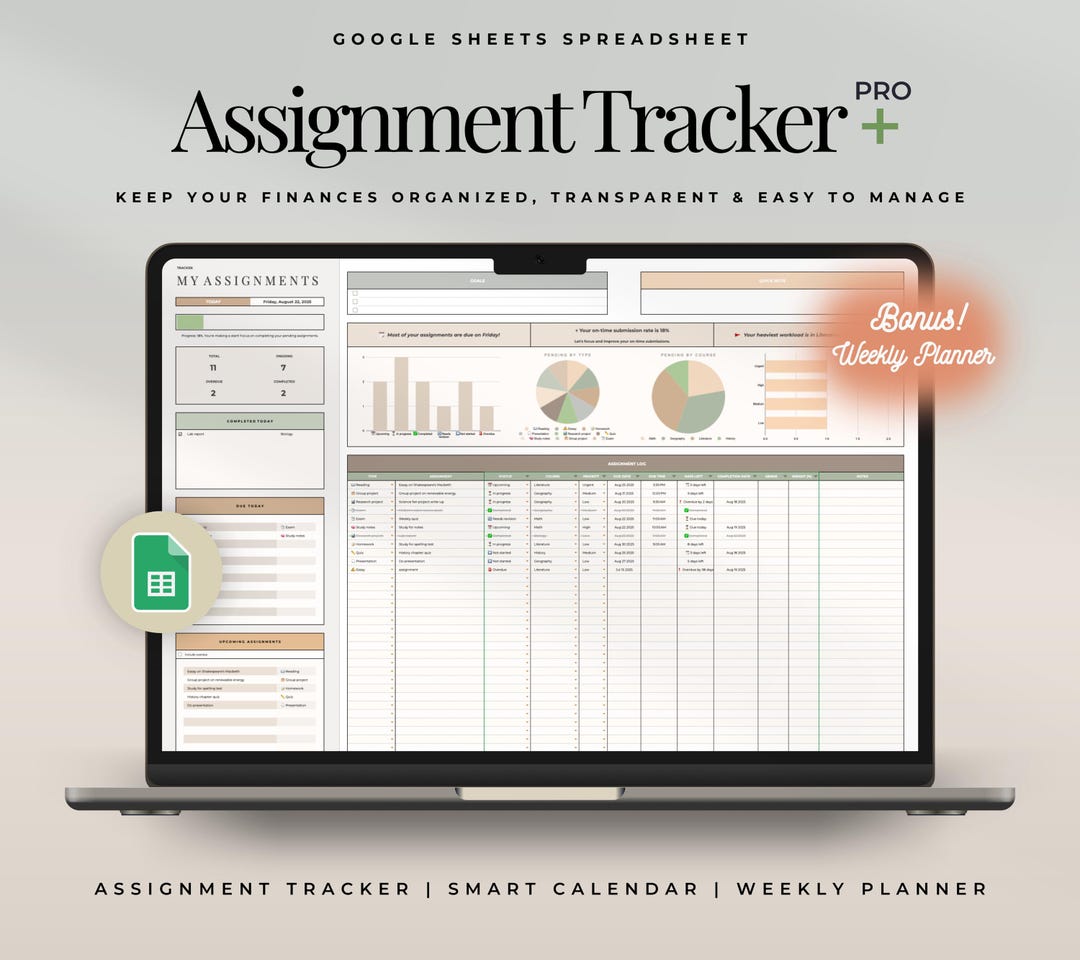 Assignment Tracker Spreadsheet: Homework and Due Date Planner, Student ...
