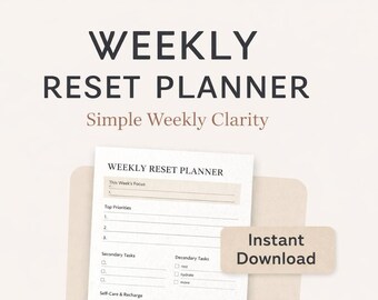 Weekly Reset Planner Printable | Simple Weekly Planning Worksheet | Minimal Productivity PDF