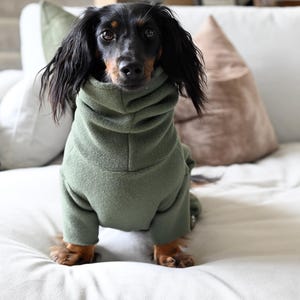 Dachshund Full Body Sweater Pajamas with Snood | Mid Weight Fleece Dog Pajamas with Optional Ear Cover | Olive Sage Green