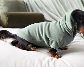 May include: A long-haired black and tan dachshund wearing a sage green fleece sweater with a hood. The sweater covers the dog's torso and neck, featuring short sleeves and a soft, solid-colored fabric texture that fits snugly around the body.