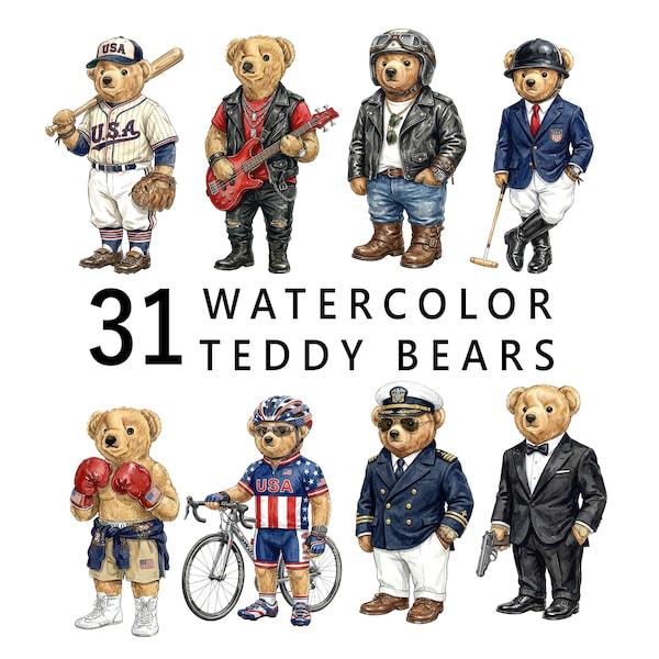 Lot de 31 images clipart aquarelle d'ours en peluche Polo (format PNG, jusqu'à 1,5 m, fond transparent), à télécharger, pour carnet de croquis ou bullet journal.