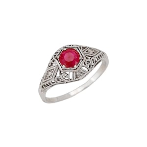 Antique Art Deco Ruby Filigree Ring, Diamond Accents, 10K White Gold