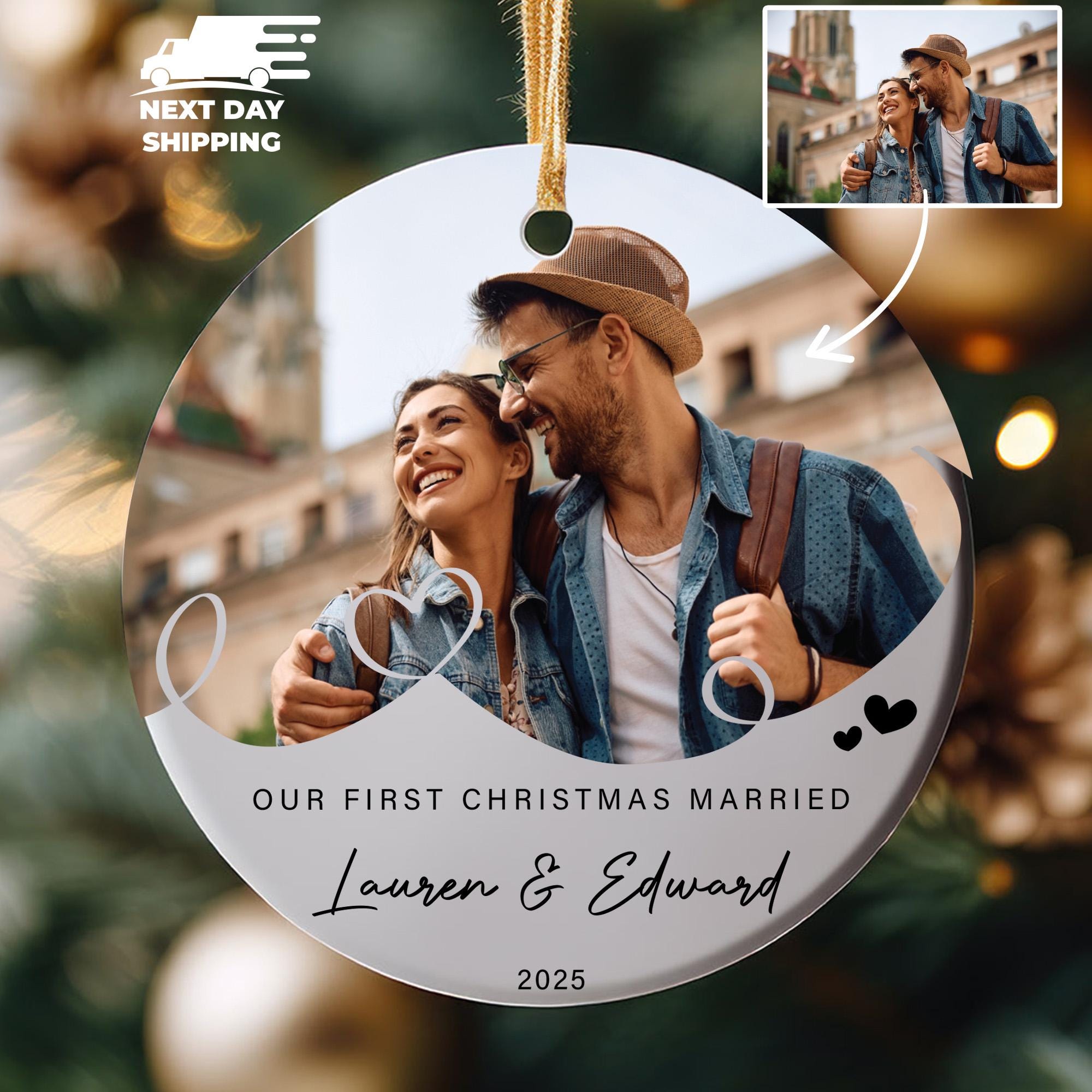 Our First Christmas Married Ornament, Couple Photo Ornament, Newlywed Name Ornament, New Married Ornament, Wedding Keepsake, Couple Picture