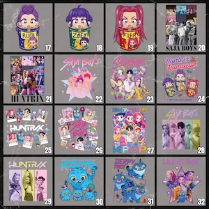 May include: A collection of graphic designs featuring cartoon characters and text. Designs include images of people in cups, a group of people, and a blue cat. The text includes "RUMI", "ZOEY", "SAJA BOYS", "HUNTRIX", and "KPOP".
