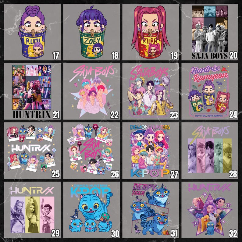 May include: A collection of graphic designs featuring cartoon characters and text. Designs include images of people in cups, a group of people, and a blue cat. The text includes "RUMI", "ZOEY", "SAJA BOYS", "HUNTRIX", and "KPOP".