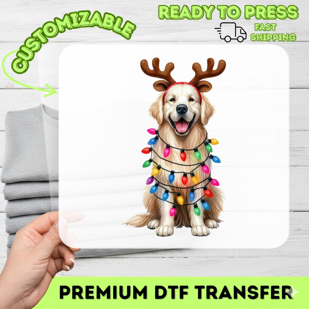 Cute Golden Retriever Reindeer Christmas DTF Transfer for Pet Lovers ...