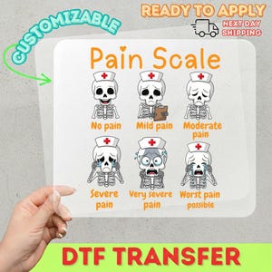 May include: A clear DTF transfer sheet featuring a Pain Scale graphic with six cartoon skeletons wearing nurse caps. The text reads Pain Scale, No pain, Mild pain, Moderate pain, Severe pain, Very severe pain, and Worst pain possible in orange.
