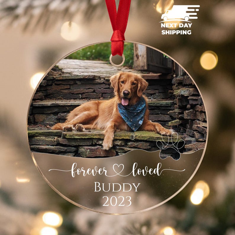 Forever Loved Pet Ornament, Custom Pet Photo Ornament, Pet Loss Tribute, Gift For Pet Owner, Pet Memorial Christmas Keepsake, Christmas Gift Acrylic Round