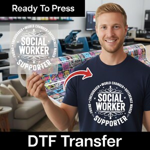 May include: A navy blue t-shirt with a white graphic that reads "SOCIAL WORKER SUPPORTER" in a circular design. The image also shows a clear DTF transfer with the same design, and the text "Ready To Press" and "DTF Transfer".