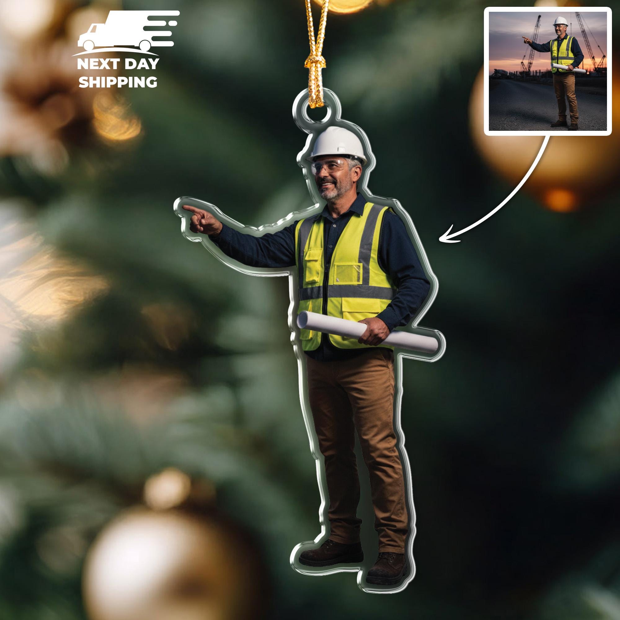 Personalized Photo Acrylic Cutout Ornament, Contruction Ornament, Engineer Christmas Keepsake, Builder Ornament, Architect Ornament
