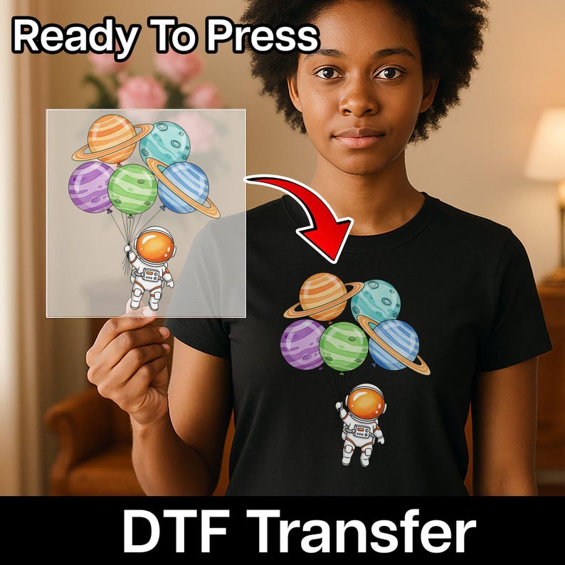 Planet Balloon Astronaut DTF Transfer, Kids Space Shirt Print, Cute Galaxy Heat Transfer, Ready to Press Design, Custom Baby Tee Print image 8