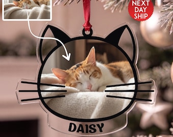 Personalized Cat Photo Christmas Ornament, Custom Cat Name Acrylic Ornament, Pet Portrait Holiday Keepsake, Cat Lover Christmas Gift