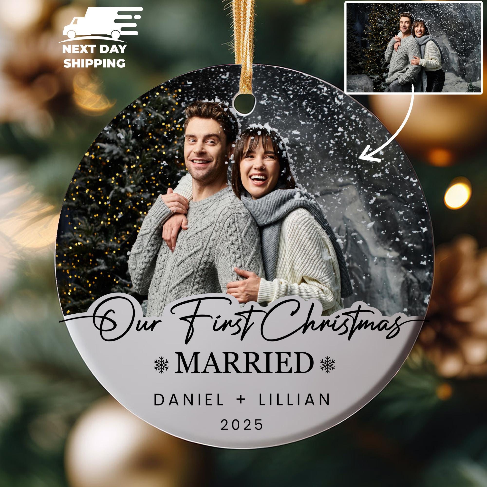 Personalized First Christmas Ornament, Newlywed Ornament, Custom Photo Ornament, Married Couple Ornament, Christmas Party Gift, Couple Gift