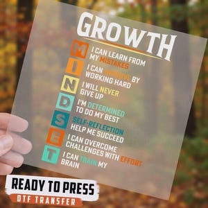 May include: A transparent DTF transfer sheet featuring the word GROWTH in large white letters above the vertical acronym MINDSET. Each letter corresponds to a motivational phrase in orange, yellow, teal, and blue. The text READY TO PRESS DTF TRANSFER is printed at the bottom.