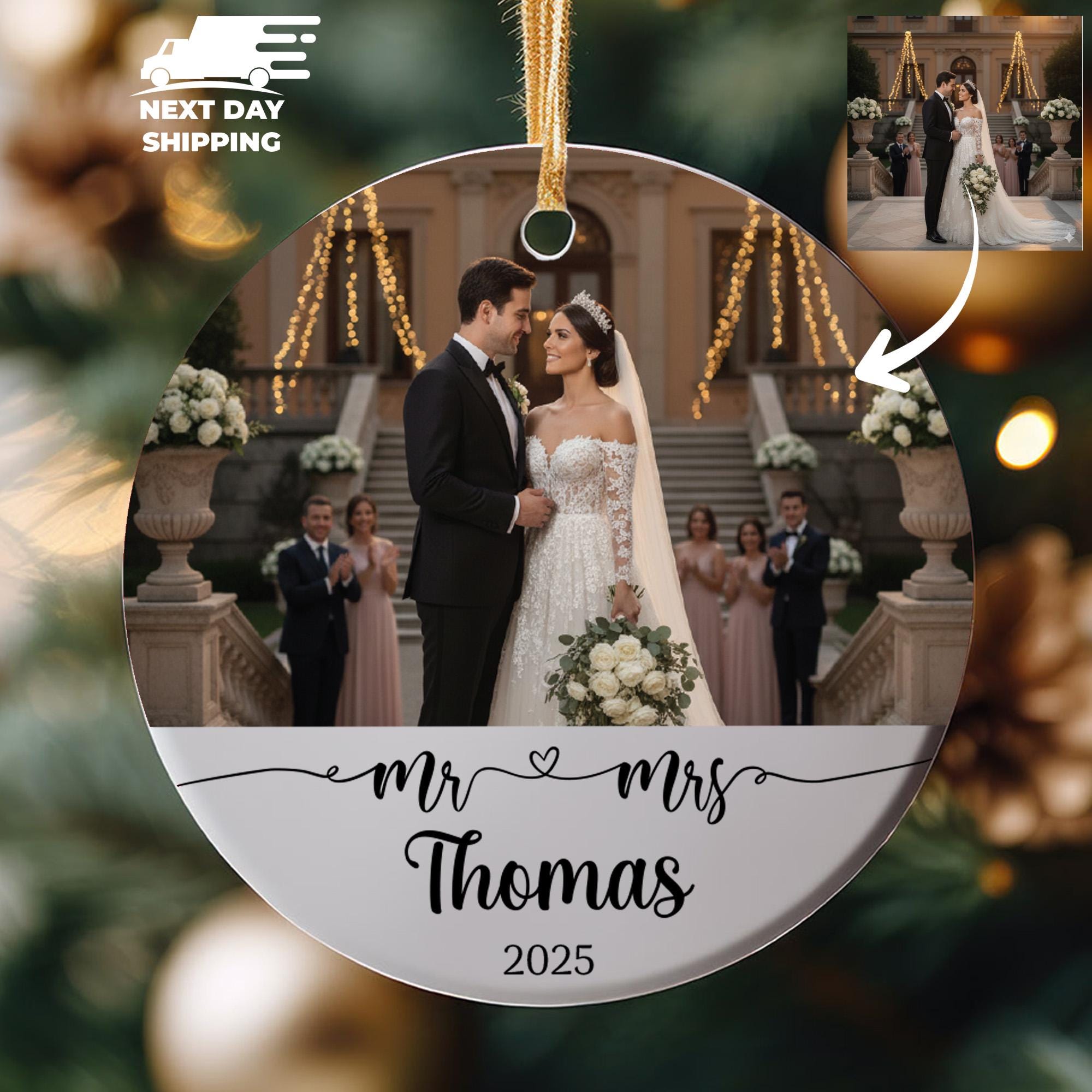 Custom Wedding Photo Ornament, Personalized Couple Picture Ornament, Mr and Mrs Ornament, Marriage Ornament, Christmas Wedding Gift Ideas